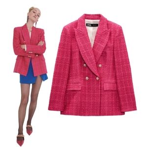 Zara Double Breasted Blazer Pink Textured Barbiecore Academia Tweed Jacket S